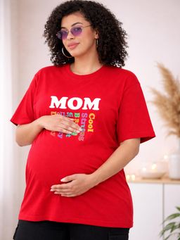 Angloindu - Women Red Text Printed Drop Shoulder Maternity T-shirt