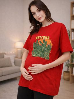 Angloindu - Women Red Graphic Printed Drop Shoulder Maternity T-shirt