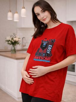 Angloindu - Women Red Graphic Printed Drop Shoulder Maternity T-shirt