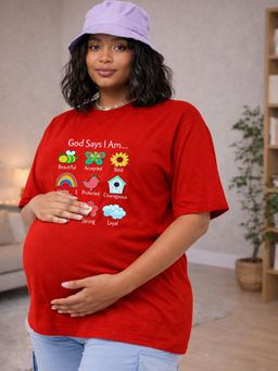 Angloindu - Women Red Graphic Text Printed Drop Shoulder Maternity T-shirt