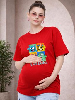Angloindu - Women Red Graphic Printed Drop Shoulder Maternity T-shirt