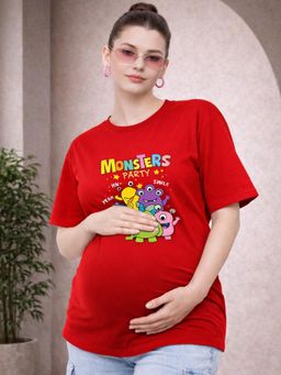 Angloindu - Women Red Graphic Printed Drop Shoulder Maternity T-shirt