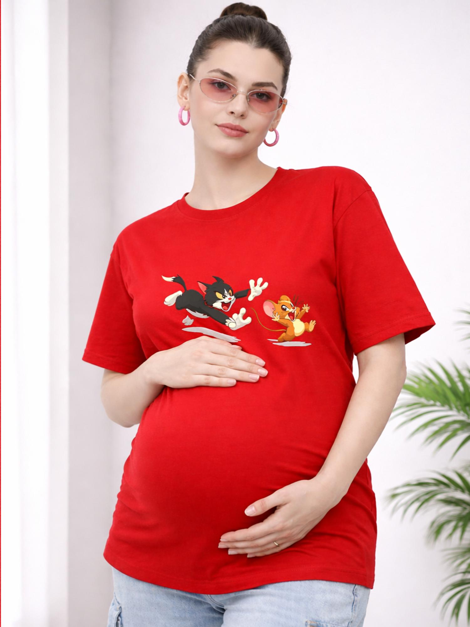 angloindu Women Red Character Printed Drop Shoulder Maternity T-shirt-picture-29