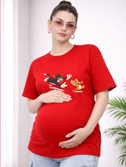 Angloindu - Women Red Character Printed Drop Shoulder Maternity T-shirt