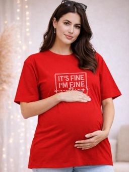 Angloindu - Women Red Text Printed Drop Shoulder Maternity T-shirt