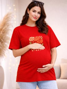 Angloindu - Women Red Floral Printed Drop Shoulder Maternity T-shirt