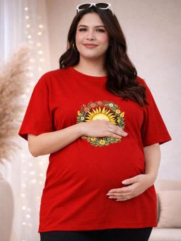 Angloindu - Women Red Floral Printed Drop Shoulder Maternity T-shirt