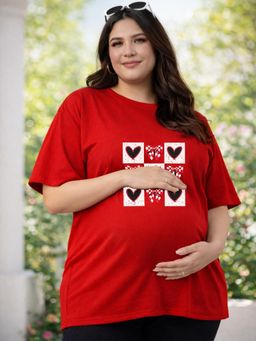 Angloindu - Women Red Graphic Heart Printed Drop Shoulder Maternity T-shirt