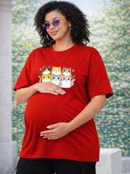 Angloindu - Women Red Graphic Printed Drop Shoulder Maternity T-shirt