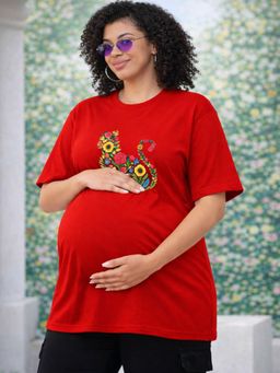 Angloindu - Women Red Floral Printed Drop Shoulder Maternity T-shirt