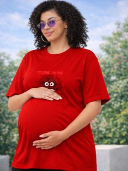 Angloindu - Women Red Graphic Printed Drop Shoulder Maternity T-shirt