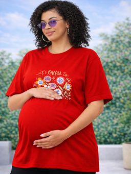 Angloindu - Women Red Floral Text Printed Drop Shoulder Maternity T-shirt
