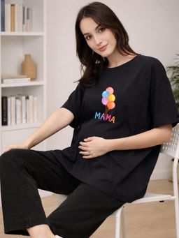 Angloindu - Women Black Graphic Printed Drop Shoulder Maternity T-shirt