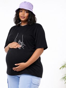 Angloindu - Women Black Graphic Printed Drop Shoulder Maternity T-shirt