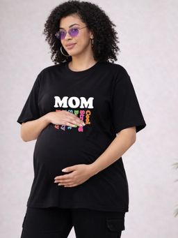 Angloindu - Women Black Text Printed Drop Shoulder Maternity T-shirt