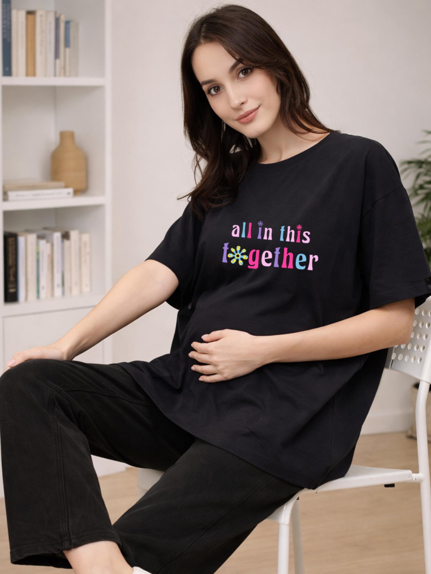 angloindu Women Black Text Printed Drop Shoulder Maternity T-shirt-picture-15