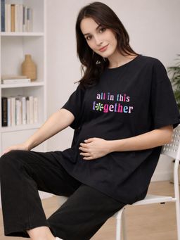 Angloindu - Women Black Text Printed Drop Shoulder Maternity T-shirt