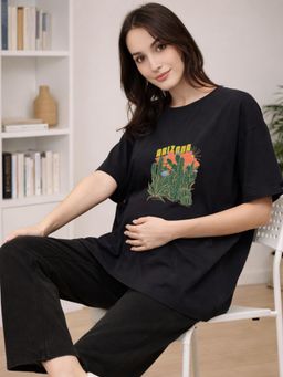 Angloindu - Women Black Graphic Printed Drop Shoulder Maternity T-shirt