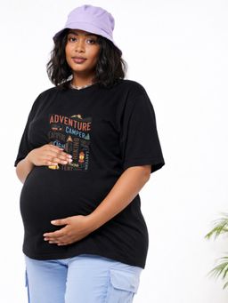 Angloindu - Women Black Text Printed Drop Shoulder Maternity T-shirt
