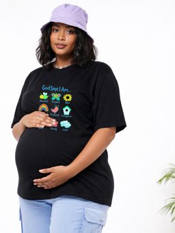 Angloindu - Women Black Graphic Printed Drop Shoulder Maternity T-shirt