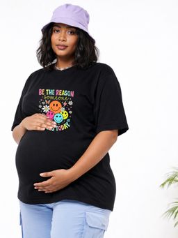 Angloindu - Women Black Graphic Printed Drop Shoulder Maternity T-shirt