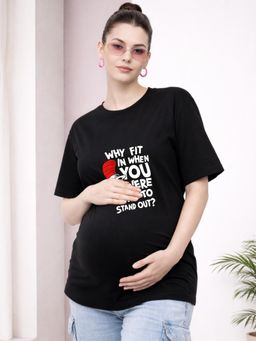 Angloindu - Women Black Text Printed Drop Shoulder Maternity T-shirt