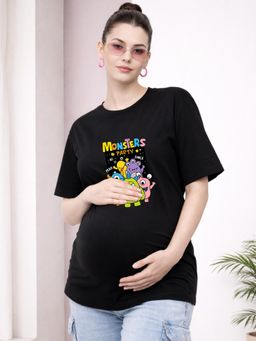 Angloindu - Women Black Graphic Printed Drop Shoulder Maternity T-shirt