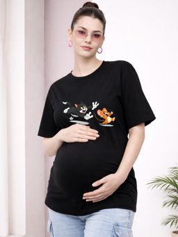 Angloindu - Women Black Character Printed Drop Shoulder Maternity T-shirt