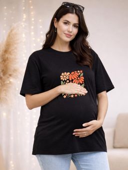 Angloindu - Women Black Floral Printed Drop Shoulder Maternity T-shirt