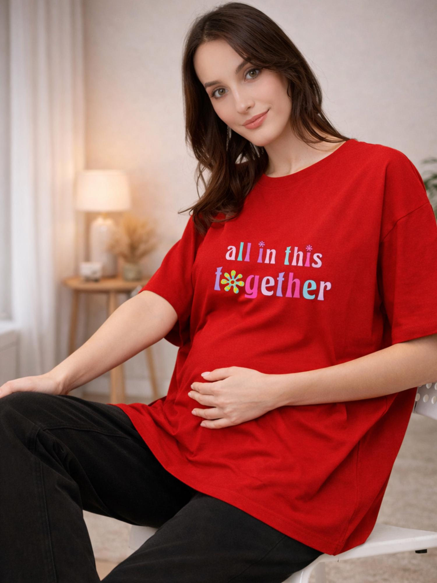 angloindu Women Red Text Printed Drop Shoulder Maternity T-shirt-picture-11