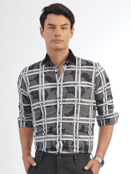 JB Studio - Men Dark Grey Poly Cotton Slim Fit Checked Party Shirt