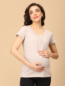 The Mom Store - Beige Oatmeal Melange Maternity and Nursing Top