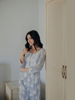 Old Marigold - Adiva Mulmul Chikankari Printed Blue Kurta