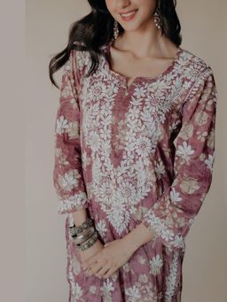 Old Marigold - Alizeh Mulmul Chikankari Printed Wine Kurta