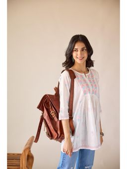 Old Marigold - Anamika Chanderi Hand Embroidered Short Chikankari White Kurti