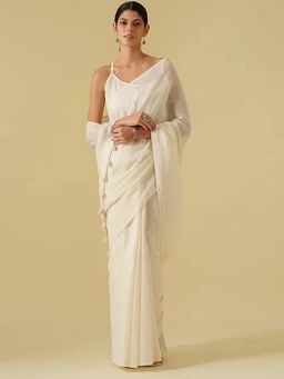 Banana Labs - Banana White Mul Saree with Blouse with Stitched