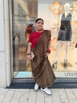 Banana Labs - Brown Strippie Sunita Cannes Saree with Blouse with Stitched