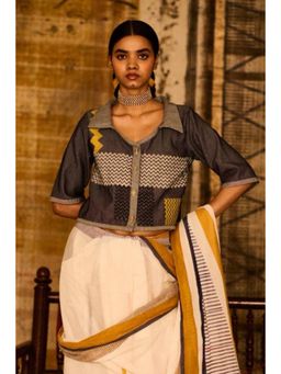 Banana Labs - Sequence Alignment Saree with Crop Blouse with Stitched