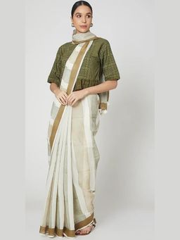 Banana Labs - White Printed Saree with Crop Top with Stitched