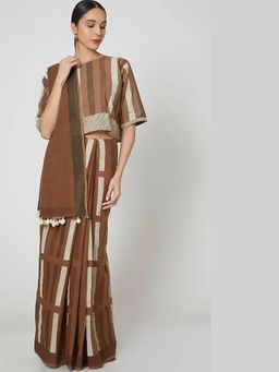 Banana Labs - Brown Block Printed Saree with Crop Top with Stitched