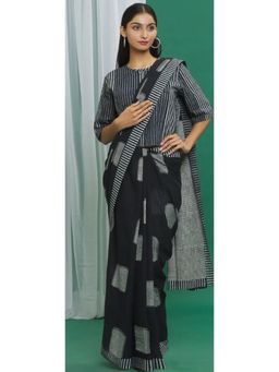 Banana Labs - Black Cotton Square Pattern Saree with Crop Top with Stitched