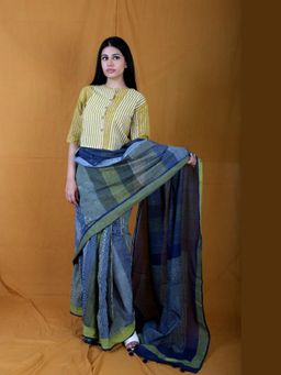 Banana Labs - Twister Navy Micro Saree With Crop Top with Stitched