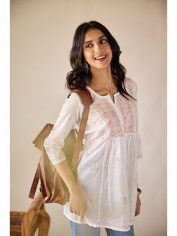 Old Marigold - Deepa Chanderi Hand Embroidered Short Chikankari White Kurti