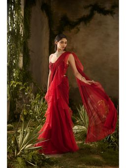 PARUL GANDHI - Scarlet Red Pre-Draped Saree Set With Stitched Blouse with Stitched