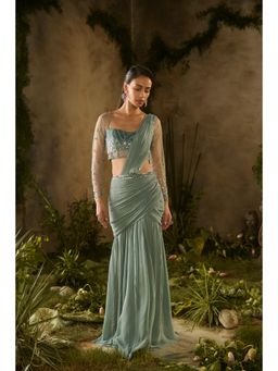 PARUL GANDHI - Sea Green Saree Set With Stitched Blouse with Stitched