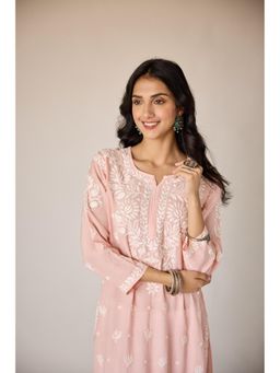Old Marigold - Leen Blush Muslin Hand Embroidered Chikankari Pink Kurta