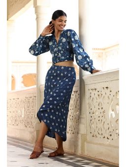 Okhai - Deepwater Handblock Printed Pure Cotton Wrap Indigo Maxi Skirt