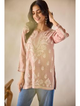 Old Marigold - Mallika Chanderi Hand Embroidered Short Chikankari Brown Kurti