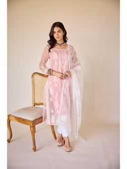 Old Marigold - Nimrah Organza Hand Embroidered Chikankari Pink Kurta With Slip