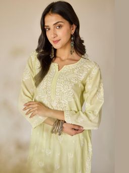 Old Marigold - Raha Muslin Hand Embroidered Chikankari Green Kurta